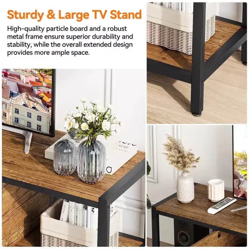 Meuble TV pour téléviseur jusqu'à 65 pouces, grande console TV avec 2 espaces de rangement fermés et compartiments ouverts, meuble de divertissement en bois avec pieds