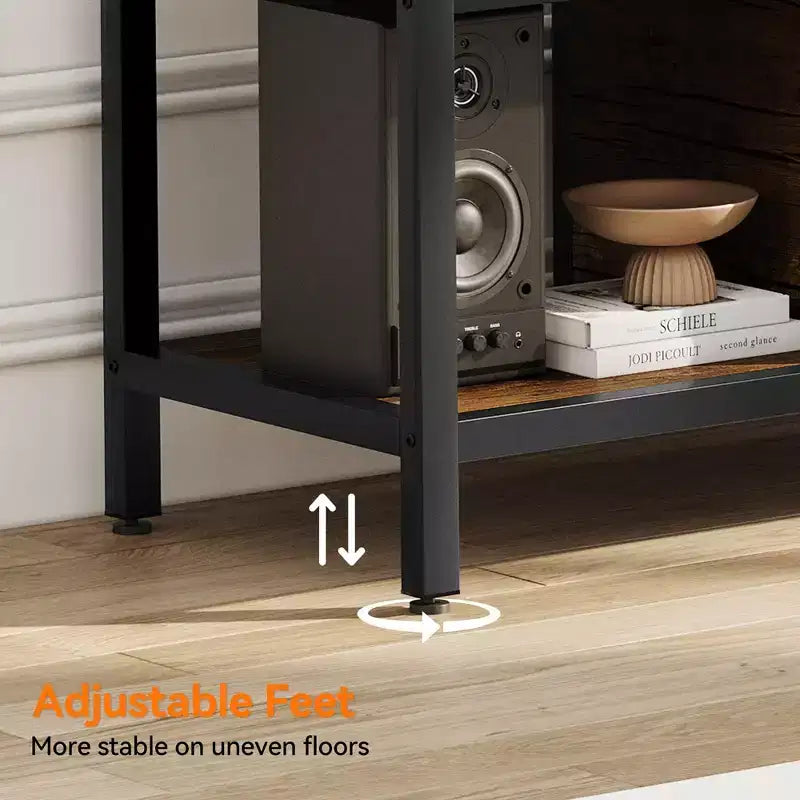 Meuble TV pour téléviseur jusqu'à 65 pouces, grande console TV avec 2 espaces de rangement fermés et compartiments ouverts, meuble de divertissement en bois avec pieds