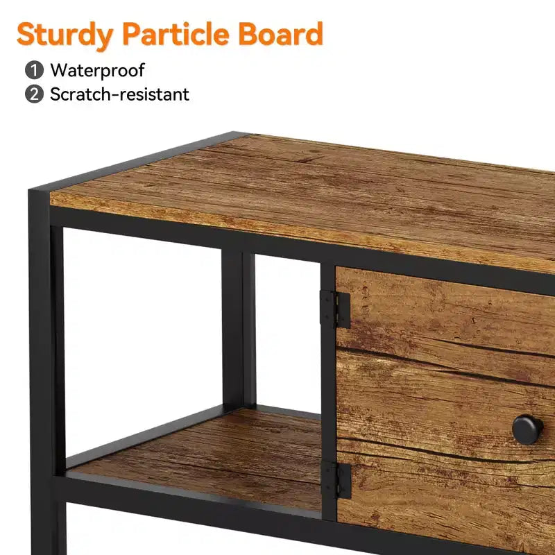 Meuble TV pour téléviseur jusqu'à 65 pouces, grande console TV avec 2 espaces de rangement fermés et compartiments ouverts, meuble de divertissement en bois avec pieds