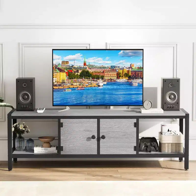 Meuble TV pour téléviseur jusqu'à 65 pouces, grande console TV avec 2 espaces de rangement fermés et compartiments ouverts, meuble de divertissement en bois avec pieds