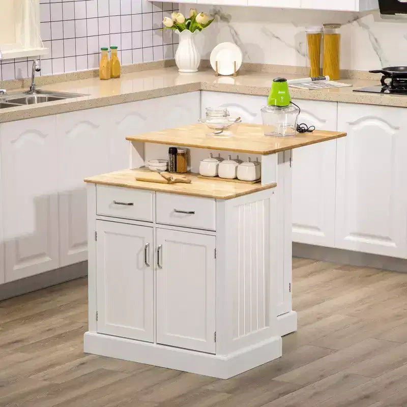 Îlot de cuisine avec plateau en bois d'hévéa à 2 niveaux, table îlot avec étagères et tiroirs réglables