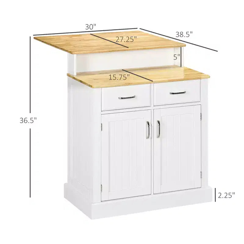 Îlot de cuisine avec plateau en bois d'hévéa à 2 niveaux, table îlot avec étagères et tiroirs réglables