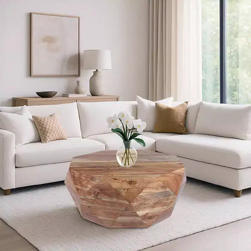Table basse en bois d'acacia en forme de diamant avec plateau lisse, marron naturel