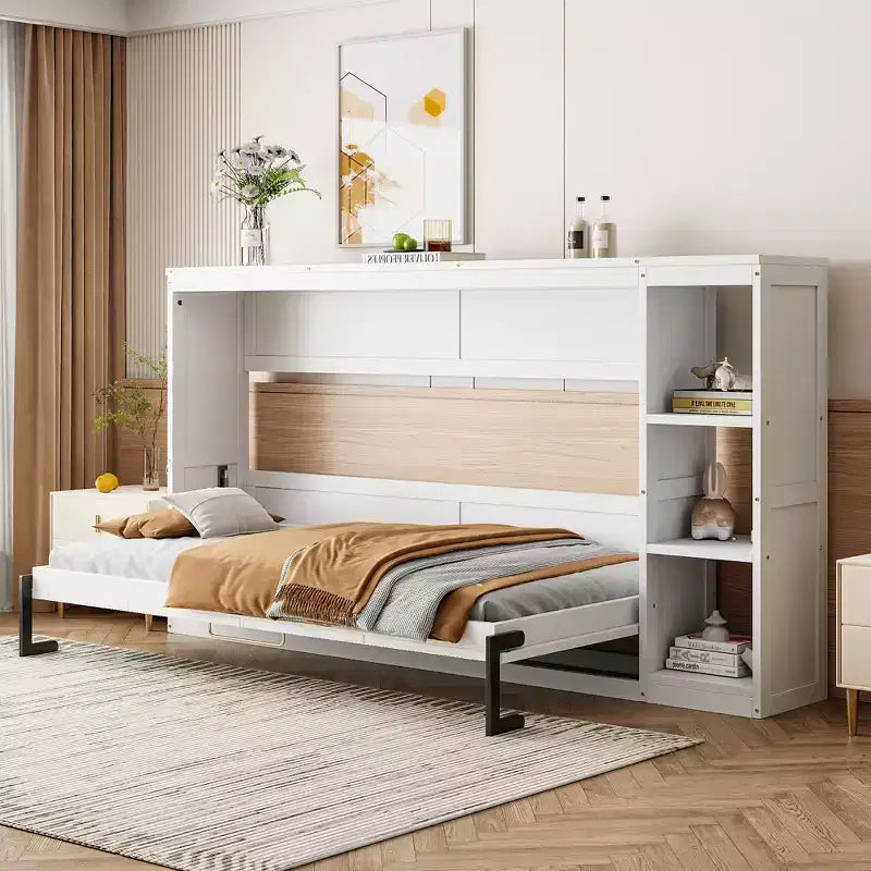 Lit Mural Lit Escamotable avec Étagère, Armoire Lit Pliant Mural pour Chambre d'amis Bureau