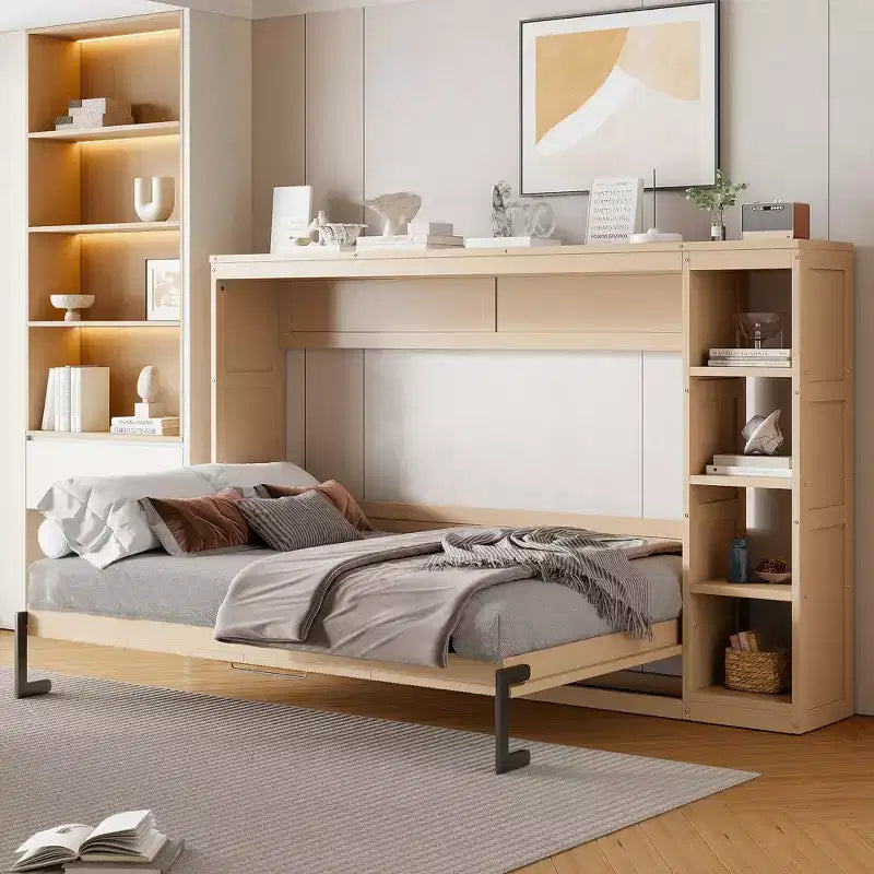 Lit Mural Lit Escamotable avec Étagère, Armoire Lit Pliant Mural pour Chambre d'amis Bureau