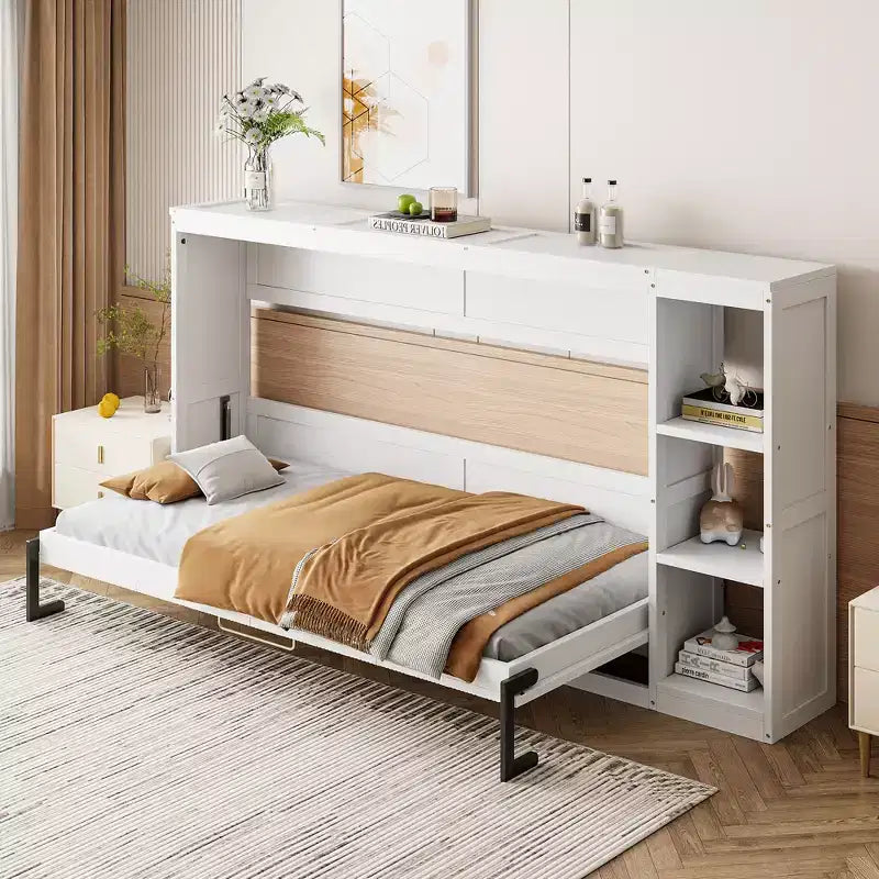 Lit Mural Lit Escamotable avec Étagère, Armoire Lit Pliant Mural pour Chambre d'amis Bureau