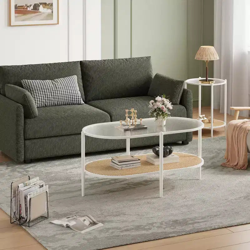 Table basse, table d'appoint ovale en verre ondulé, étagère de rangement en rotin, cadre métallique à 2 niveaux, table d'appoint de ferme pour petit espace de salon