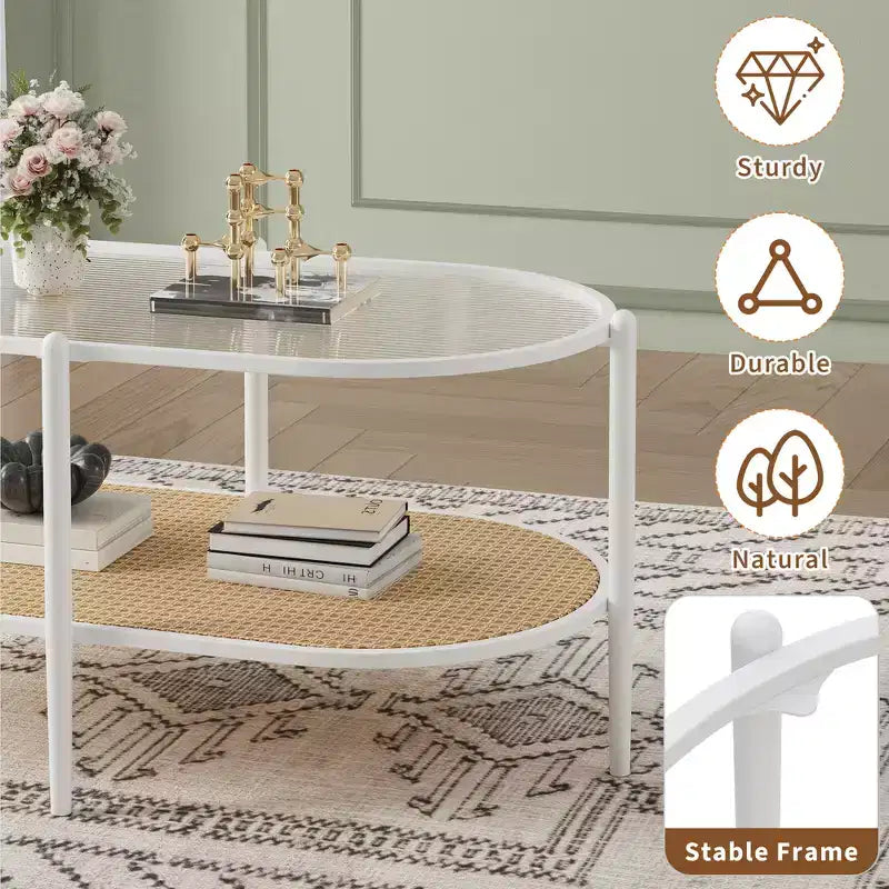 Table basse, table d'appoint ovale en verre ondulé, étagère de rangement en rotin, cadre métallique à 2 niveaux, table d'appoint de ferme pour petit espace de salon
