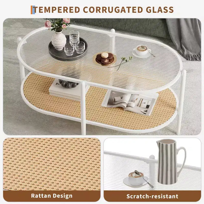 Table basse, table d'appoint ovale en verre ondulé, étagère de rangement en rotin, cadre métallique à 2 niveaux, table d'appoint de ferme pour petit espace de salon