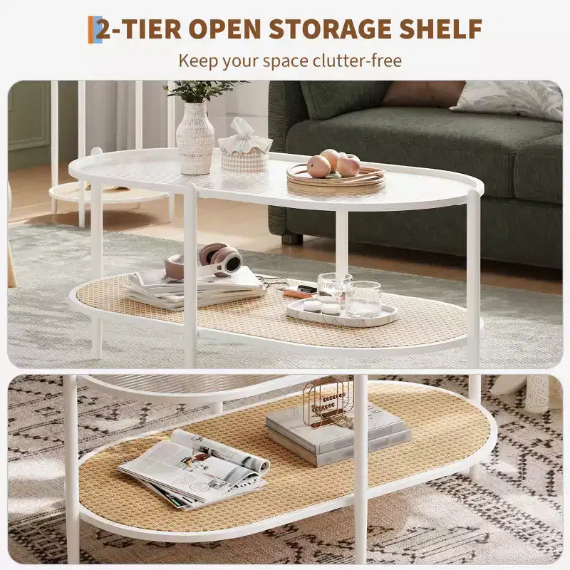 Table basse, table d'appoint ovale en verre ondulé, étagère de rangement en rotin, cadre métallique à 2 niveaux, table d'appoint de ferme pour petit espace de salon