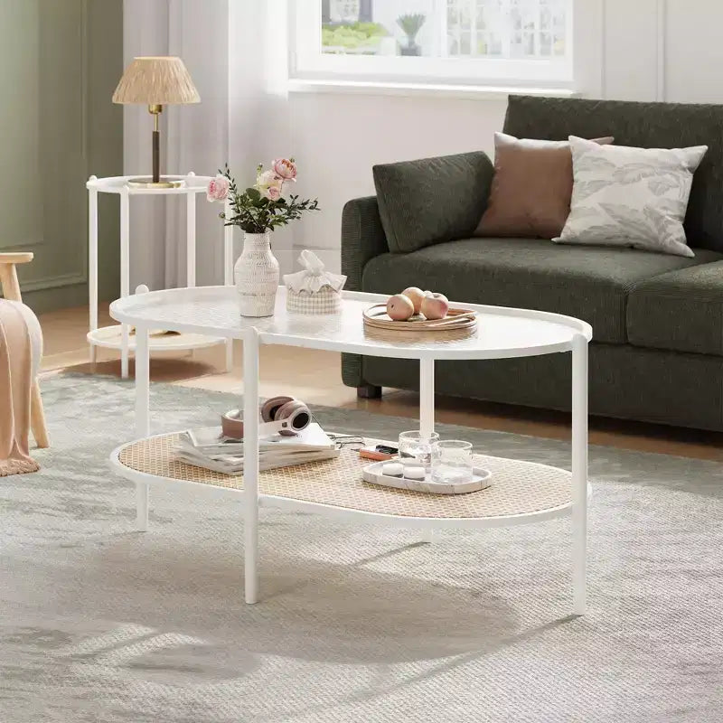 Table basse, table d'appoint ovale en verre ondulé, étagère de rangement en rotin, cadre métallique à 2 niveaux, table d'appoint de ferme pour petit espace de salon