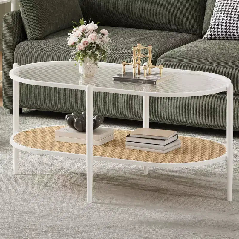 Table basse, table d'appoint ovale en verre ondulé, étagère de rangement en rotin, cadre métallique à 2 niveaux, table d'appoint de ferme pour petit espace de salon