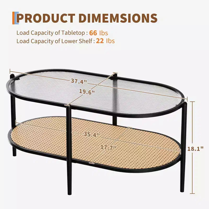 Table basse, table d'appoint ovale en verre ondulé, étagère de rangement en rotin, cadre métallique à 2 niveaux, table d'appoint de ferme pour petit espace de salon