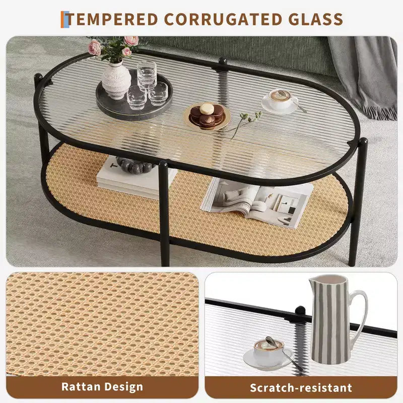 Table basse, table d'appoint ovale en verre ondulé, étagère de rangement en rotin, cadre métallique à 2 niveaux, table d'appoint de ferme pour petit espace de salon