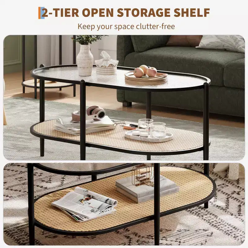 Table basse, table d'appoint ovale en verre ondulé, étagère de rangement en rotin, cadre métallique à 2 niveaux, table d'appoint de ferme pour petit espace de salon