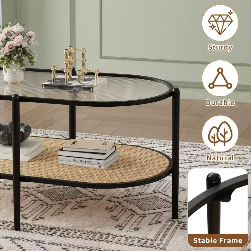 Table basse, table d'appoint ovale en verre ondulé, étagère de rangement en rotin, cadre métallique à 2 niveaux, table d'appoint de ferme pour petit espace de salon