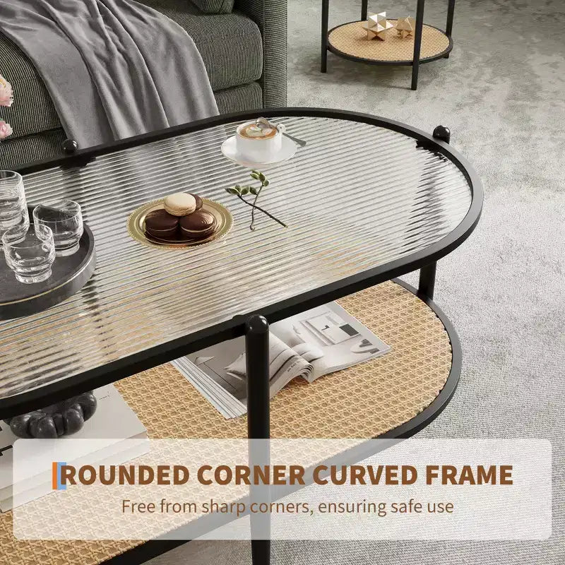 Table basse, table d'appoint ovale en verre ondulé, étagère de rangement en rotin, cadre métallique à 2 niveaux, table d'appoint de ferme pour petit espace de salon