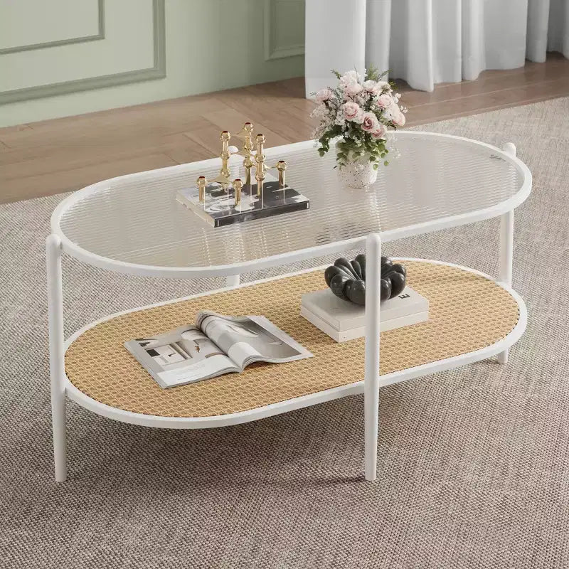 Table basse, table d'appoint ovale en verre ondulé, étagère de rangement en rotin, cadre métallique à 2 niveaux, table d'appoint de ferme pour petit espace de salon