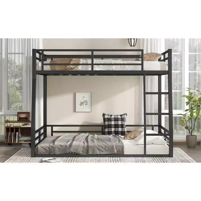 Lit superposé en métal Full XL sur Queen pour adultes et adolescents, cadre robuste peu encombrant, garde-corps, silencieux, pas de sommier, noir