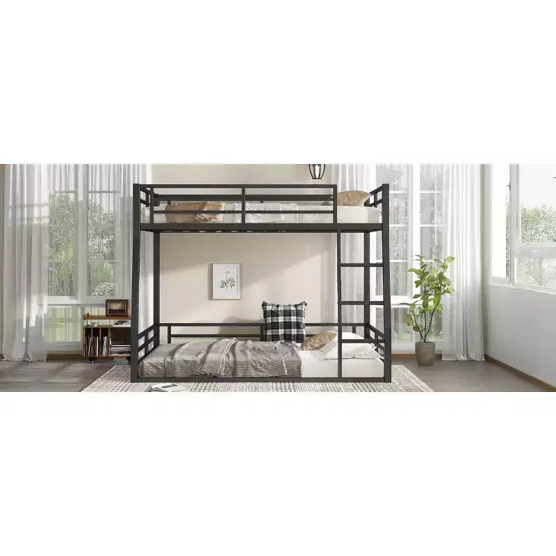 Lit superposé en métal Full XL sur Queen pour adultes et adolescents, cadre robuste peu encombrant, garde-corps, silencieux, pas de sommier, noir