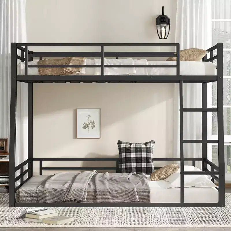 Lit superposé en métal Full XL sur Queen pour adultes et adolescents, cadre robuste peu encombrant, garde-corps, silencieux, pas de sommier, noir