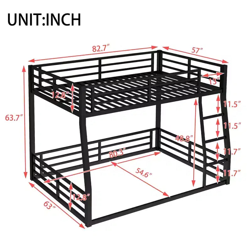 Lit superposé en métal Full XL sur Queen pour adultes et adolescents, cadre robuste peu encombrant, garde-corps, silencieux, pas de sommier, noir