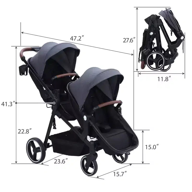 Poussette double pliable pour nouveau-nés et tout-petits avec siège réversible, harnais de sécurité à cinq points, dossier réglable et panier de rangement à capote