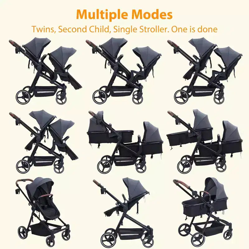 Poussette double pliable pour nouveau-nés et tout-petits avec siège réversible, harnais de sécurité à cinq points, dossier réglable et panier de rangement à capote