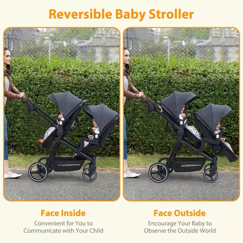 Poussette double pliable pour nouveau-nés et tout-petits avec siège réversible, harnais de sécurité à cinq points, dossier réglable et panier de rangement à capote