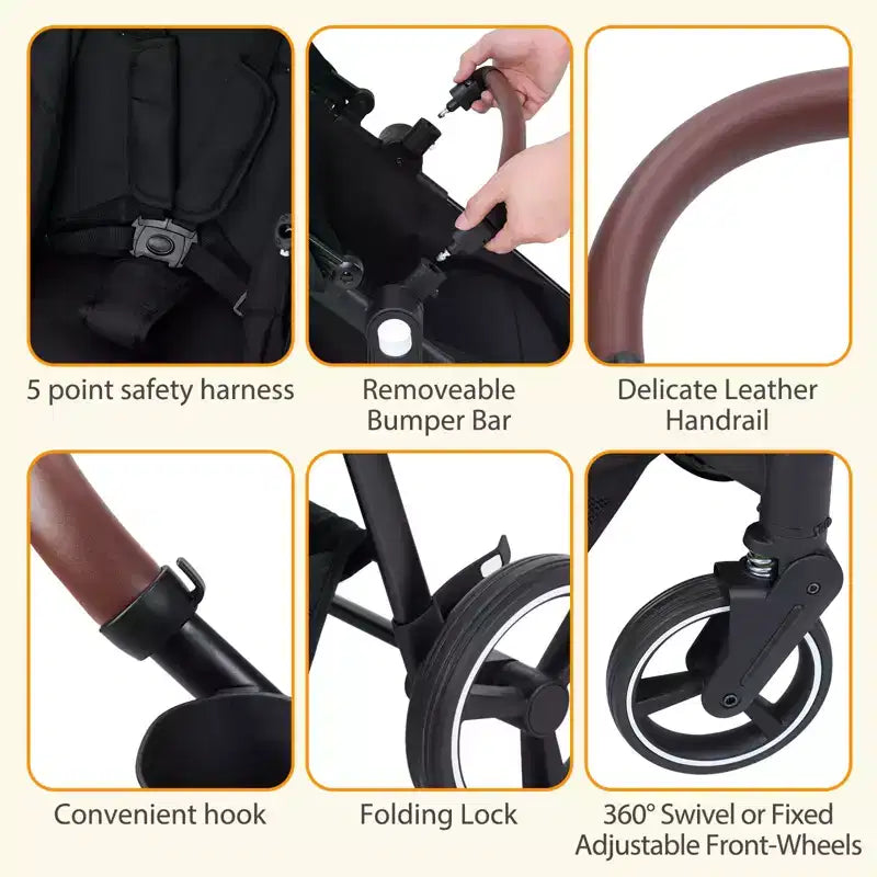 Poussette double pliable pour nouveau-nés et tout-petits avec siège réversible, harnais de sécurité à cinq points, dossier réglable et panier de rangement à capote