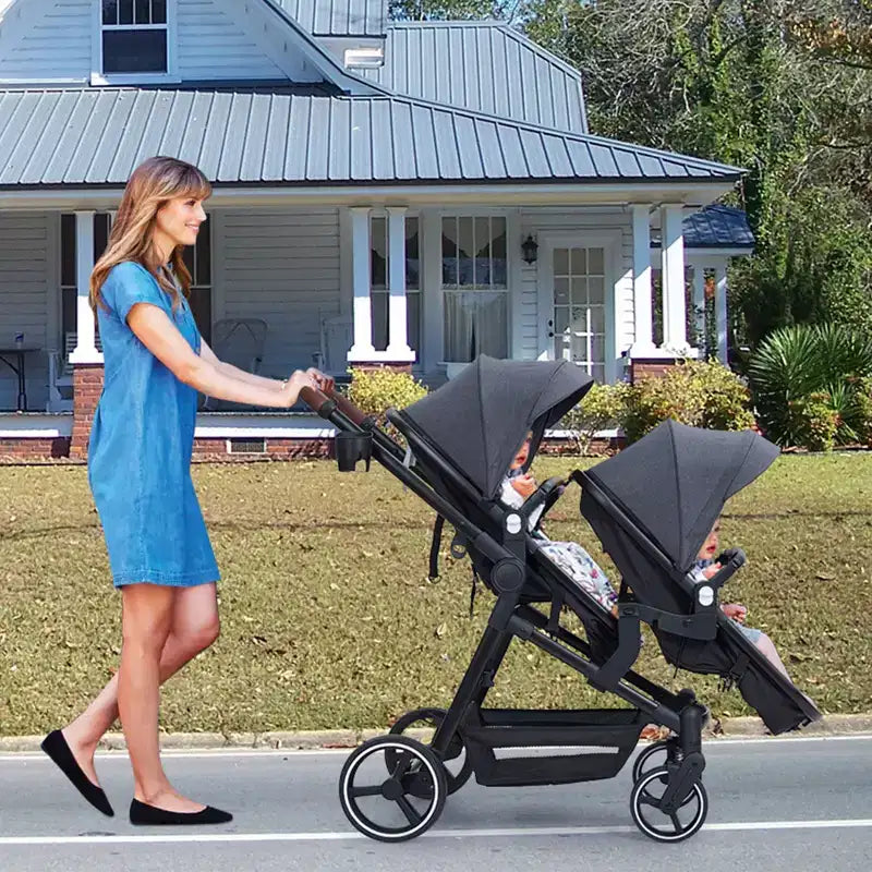 Poussette double pliable pour nouveau-nés et tout-petits avec siège réversible, harnais de sécurité à cinq points, dossier réglable et panier de rangement à capote