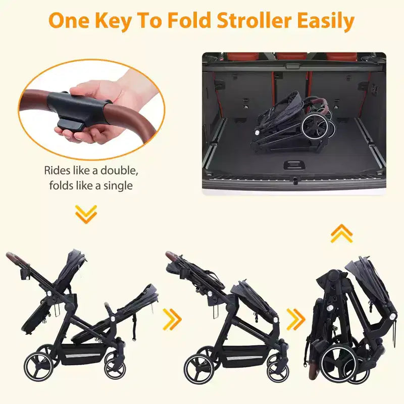 Poussette double pliable pour nouveau-nés et tout-petits avec siège réversible, harnais de sécurité à cinq points, dossier réglable et panier de rangement à capote