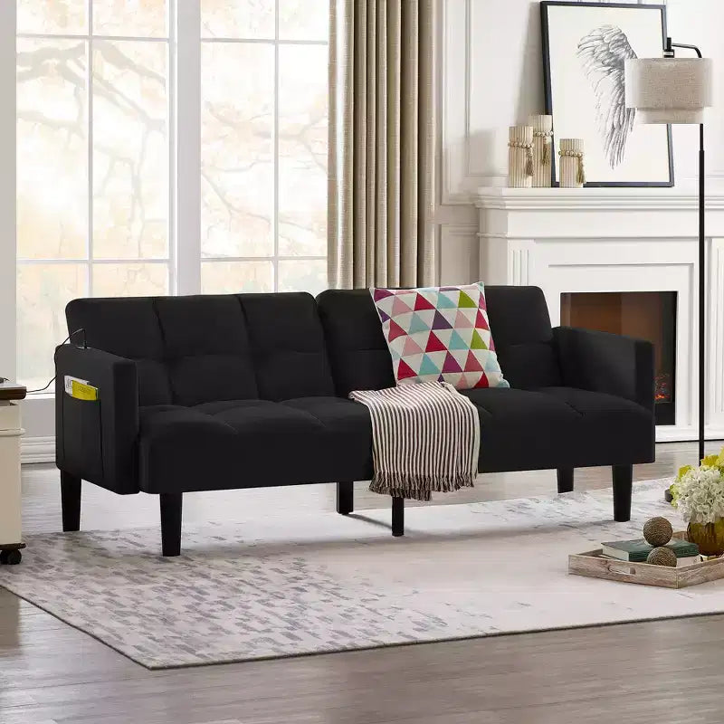 Canapé Futon en Velours Convertible Pliant Trois Places avec Boutons pour Appartement, Noir