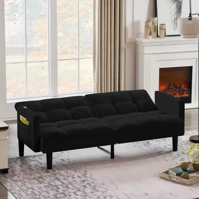 Canapé Futon en Velours Convertible Pliant Trois Places avec Boutons pour Appartement, Noir