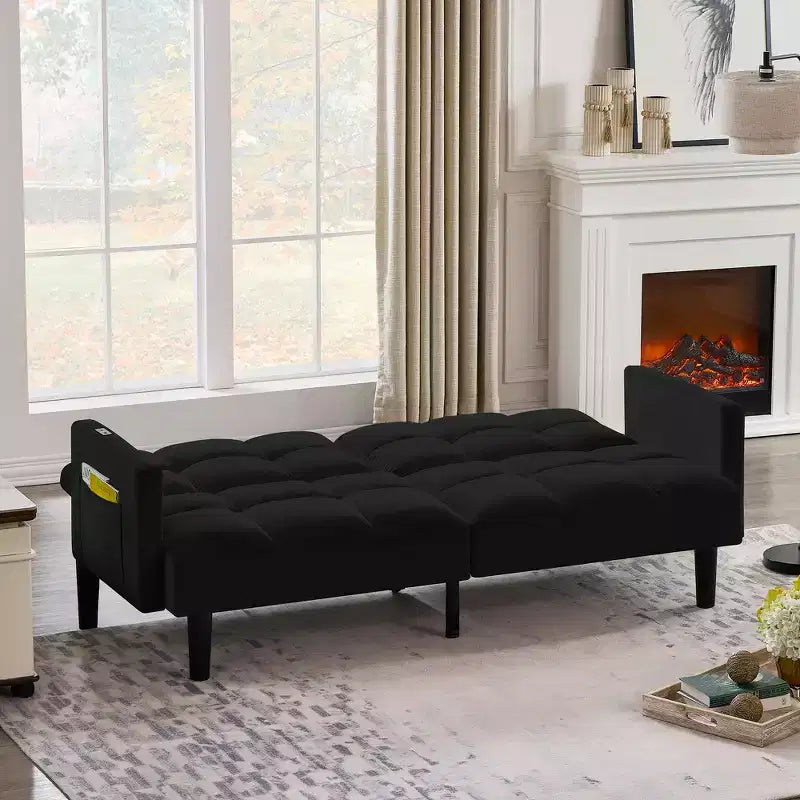 Canapé Futon en Velours Convertible Pliant Trois Places avec Boutons pour Appartement, Noir