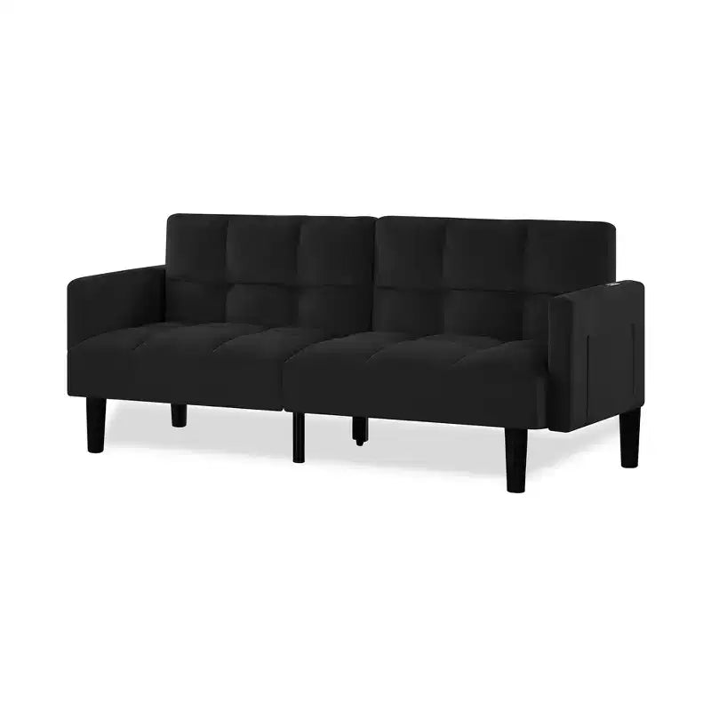 Canapé Futon en Velours Convertible Pliant Trois Places avec Boutons pour Appartement, Noir