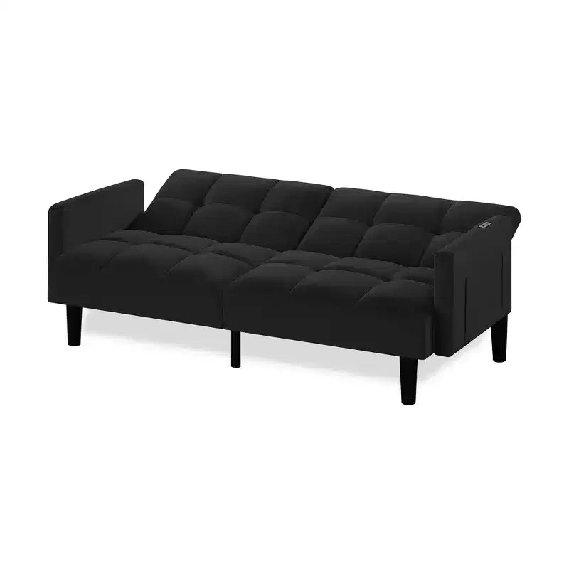 Canapé Futon en Velours Convertible Pliant Trois Places avec Boutons pour Appartement, Noir
