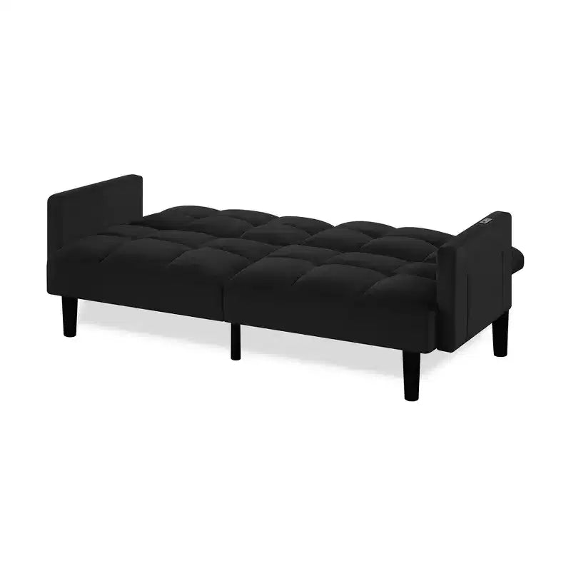 Canapé Futon en Velours Convertible Pliant Trois Places avec Boutons pour Appartement, Noir