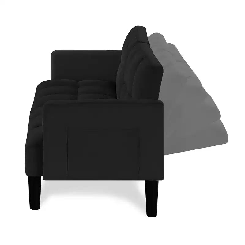 Canapé Futon en Velours Convertible Pliant Trois Places avec Boutons pour Appartement, Noir