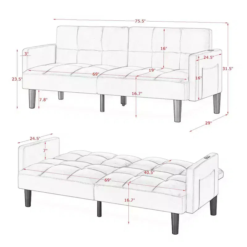 Canapé Futon en Velours Convertible Pliant Trois Places avec Boutons pour Appartement, Noir