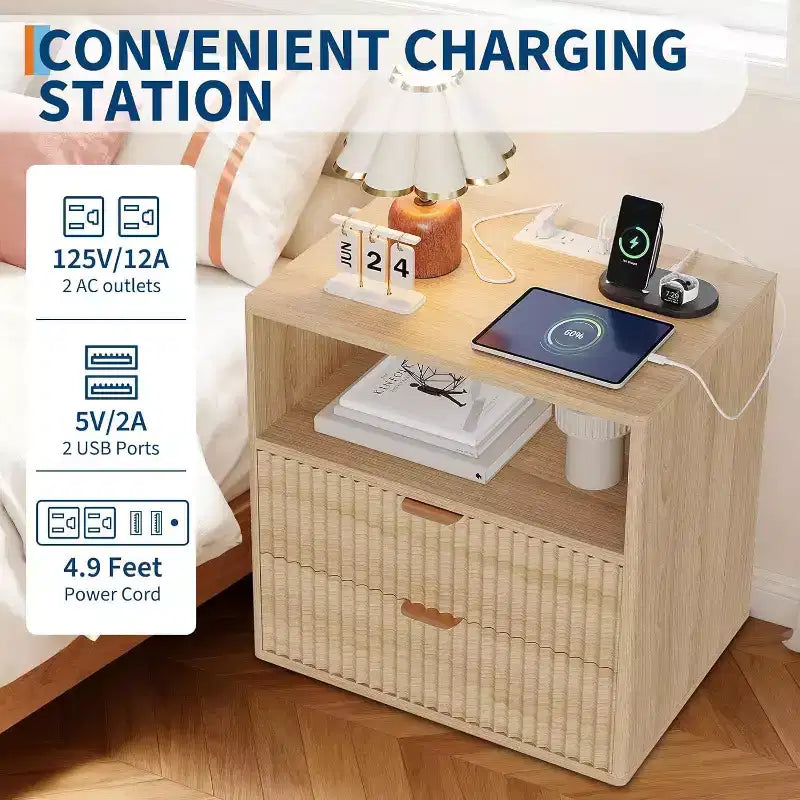 Table de chevet de ferme cannelée avec station de recharge, table d'appoint moderne du milieu du siècle de 23" avec 2 tiroirs et étagère ouverte