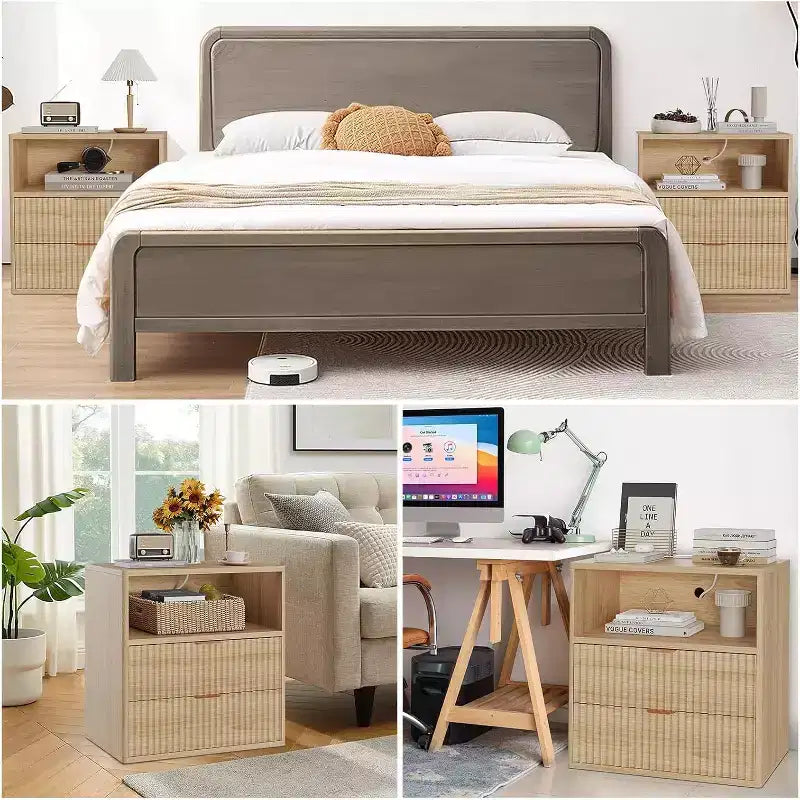 Table de chevet de ferme cannelée avec station de recharge, table d'appoint moderne du milieu du siècle de 23" avec 2 tiroirs et étagère ouverte