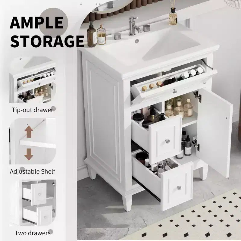 Meuble-lavabo de salle de bain avec évier, meuble-lavabo avec 1 tiroir basculant, 2 tiroirs et étagère réglable, meuble-lavabo simple vasque autoportant blanc
