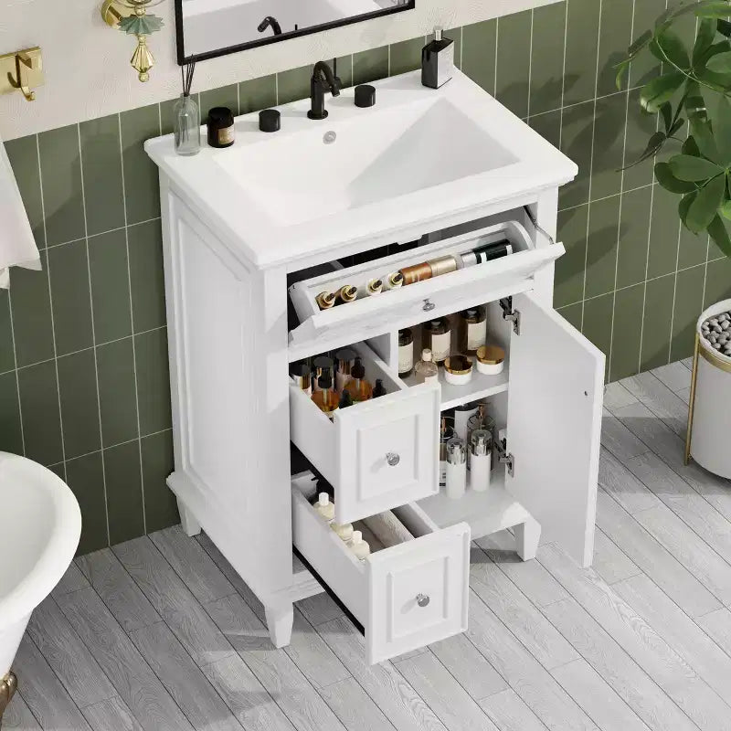 Meuble-lavabo de salle de bain avec évier, meuble-lavabo avec 1 tiroir basculant, 2 tiroirs et étagère réglable, meuble-lavabo simple vasque autoportant blanc