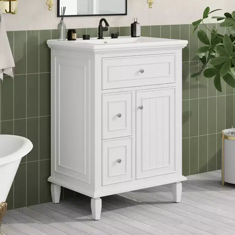 Meuble-lavabo de salle de bain avec évier, meuble-lavabo avec 1 tiroir basculant, 2 tiroirs et étagère réglable, meuble-lavabo simple vasque autoportant blanc