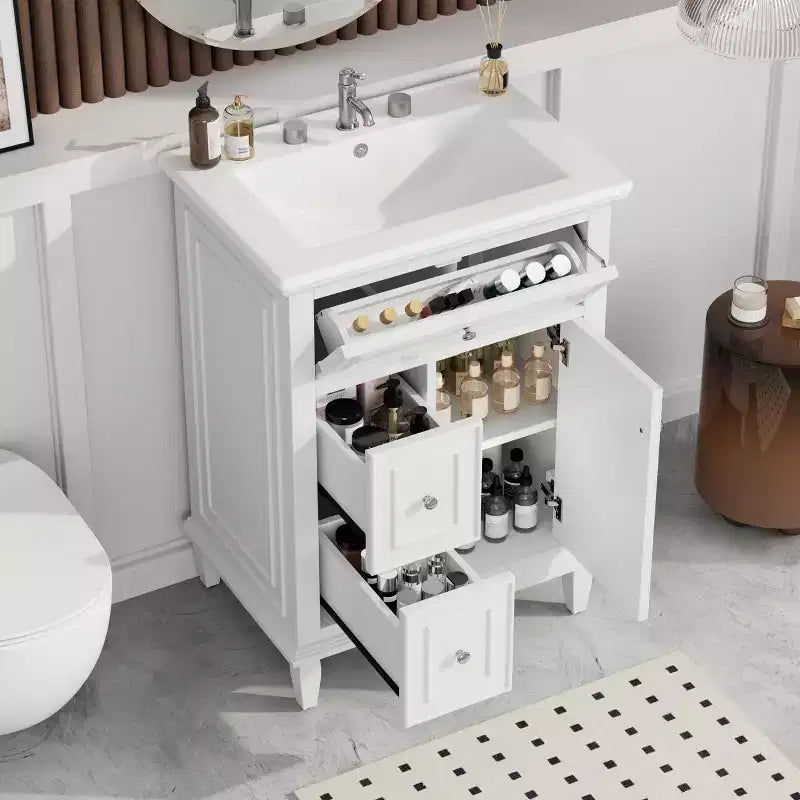 Meuble-lavabo de salle de bain avec évier, meuble-lavabo avec 1 tiroir basculant, 2 tiroirs et étagère réglable, meuble-lavabo simple vasque autoportant blanc