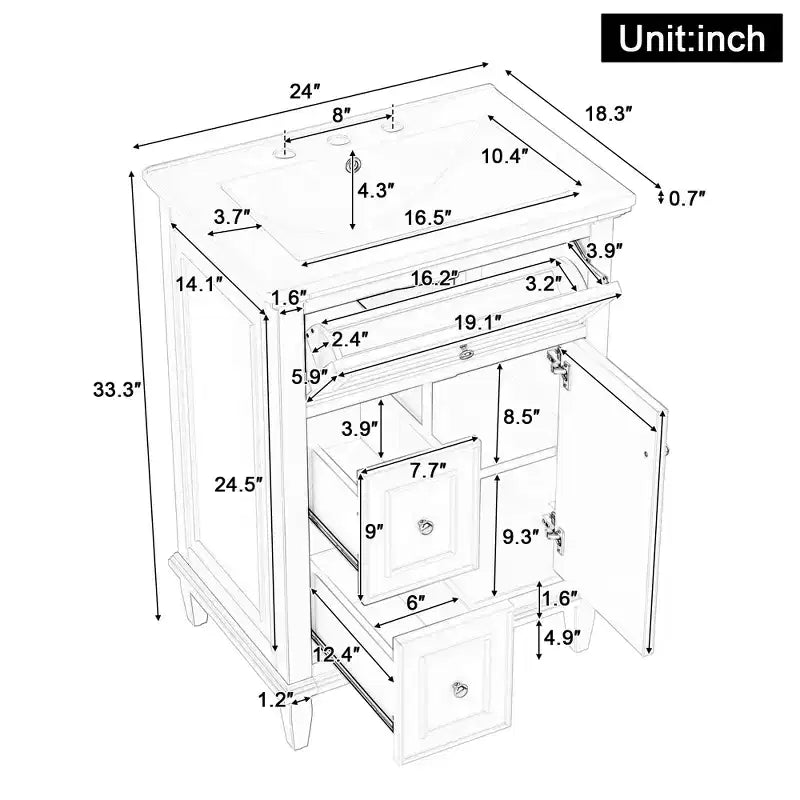Meuble-lavabo de salle de bain avec évier, meuble-lavabo avec 1 tiroir basculant, 2 tiroirs et étagère réglable, meuble-lavabo simple vasque autoportant blanc