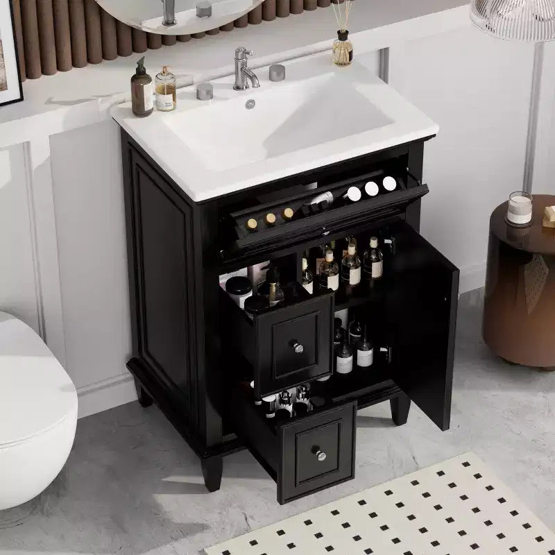 Meuble-lavabo de salle de bain avec évier, meuble-lavabo avec 1 tiroir basculant, 2 tiroirs et étagère réglable, meuble-lavabo simple vasque autoportant blanc