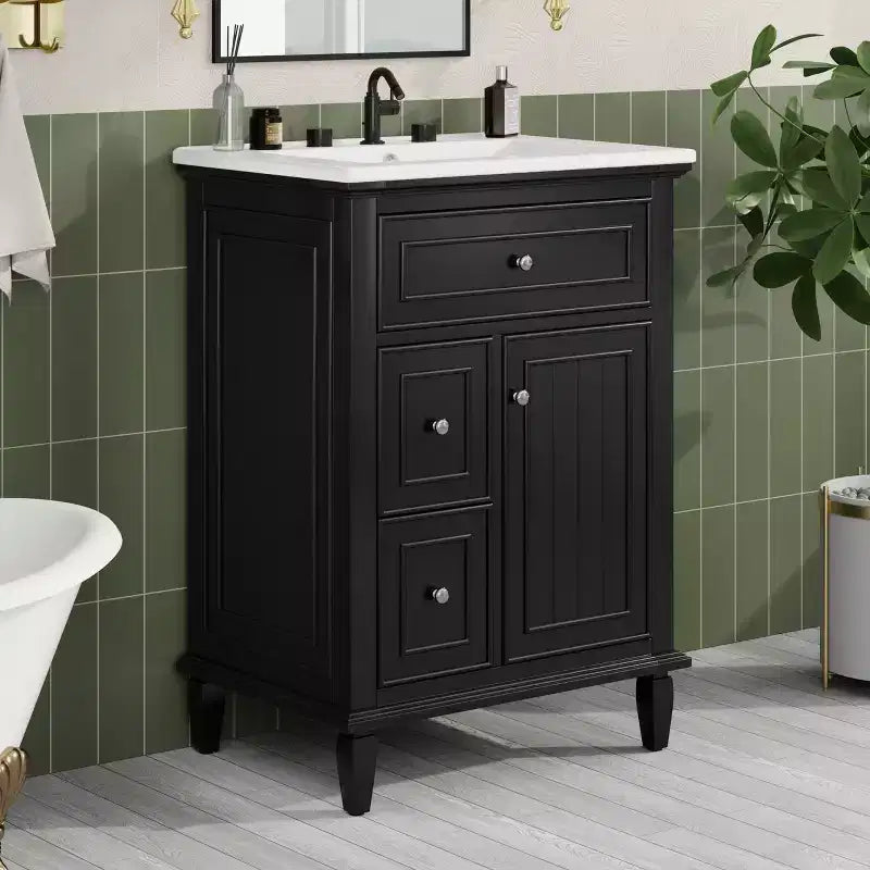 Meuble-lavabo de salle de bain avec évier, meuble-lavabo avec 1 tiroir basculant, 2 tiroirs et étagère réglable, meuble-lavabo simple vasque autoportant blanc