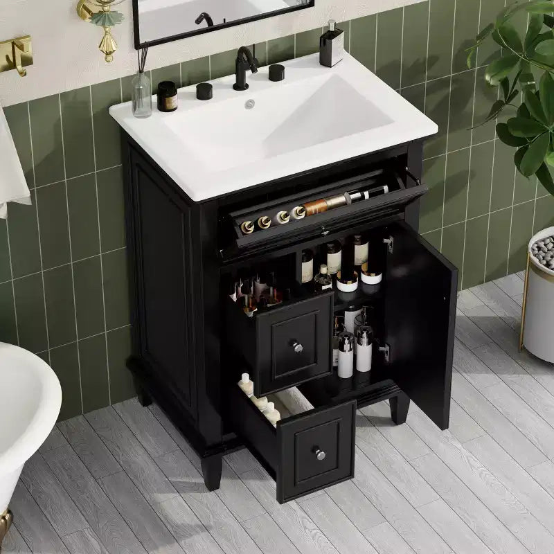 Meuble-lavabo de salle de bain avec évier, meuble-lavabo avec 1 tiroir basculant, 2 tiroirs et étagère réglable, meuble-lavabo simple vasque autoportant blanc